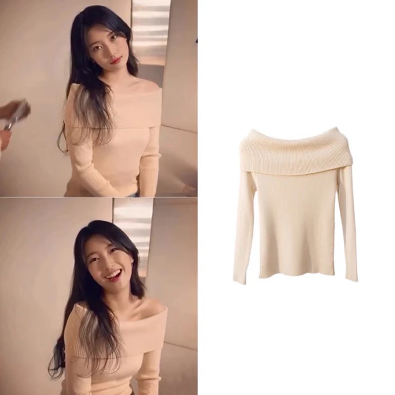 

Kpop Korean Singers Sexy Off Shoulder Solid Slim Pullovers Sweaters Spring Autumn Knitted Sweater Women Jumper Long Sleeve Tops