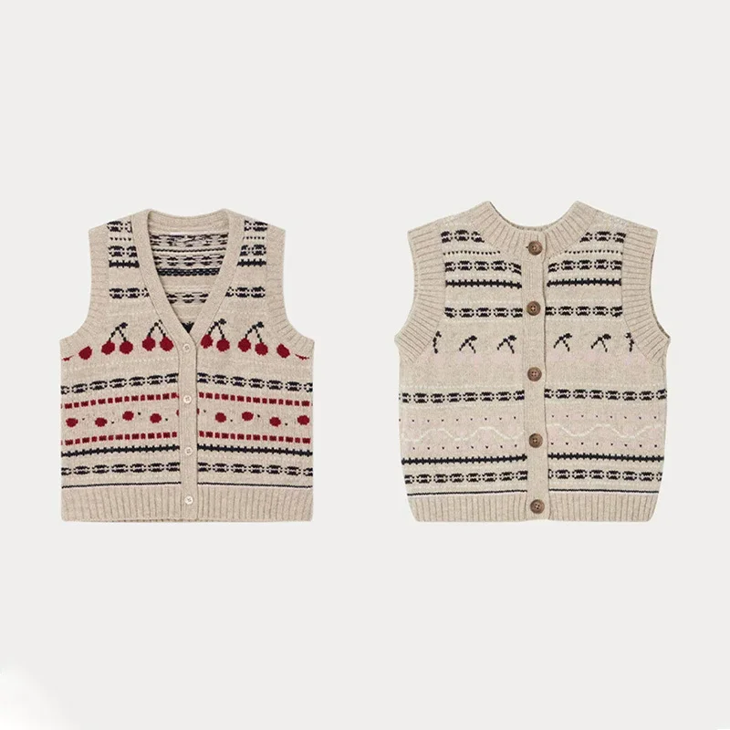 

OUYANG&IVAN Sleeveless Sweater BP2024 New Autumn and Winter Wool Vest Girls Cherry Sweater Knit Vest Children's Preppy Top