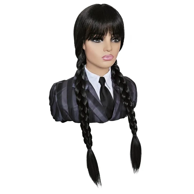 Peluca de Cosplay de mamá de la familia Addams, pelo largo negro de seda de alta temperatura, máscara de Halloween, bola, uso diario, cubierta de peluca