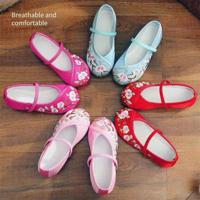 Kids Peach Flower Embroidered Women Canvas Ballet Flats Ladies Casual Comfort Slip-on Ballerinas Chinese Hanfu Cosplay Shoes
