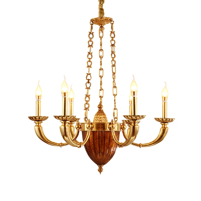 

European Indoor Foyer Hotel Dining Room Bedroom Luxury Led Brass Chandelier American Copper Candle Pendant Light