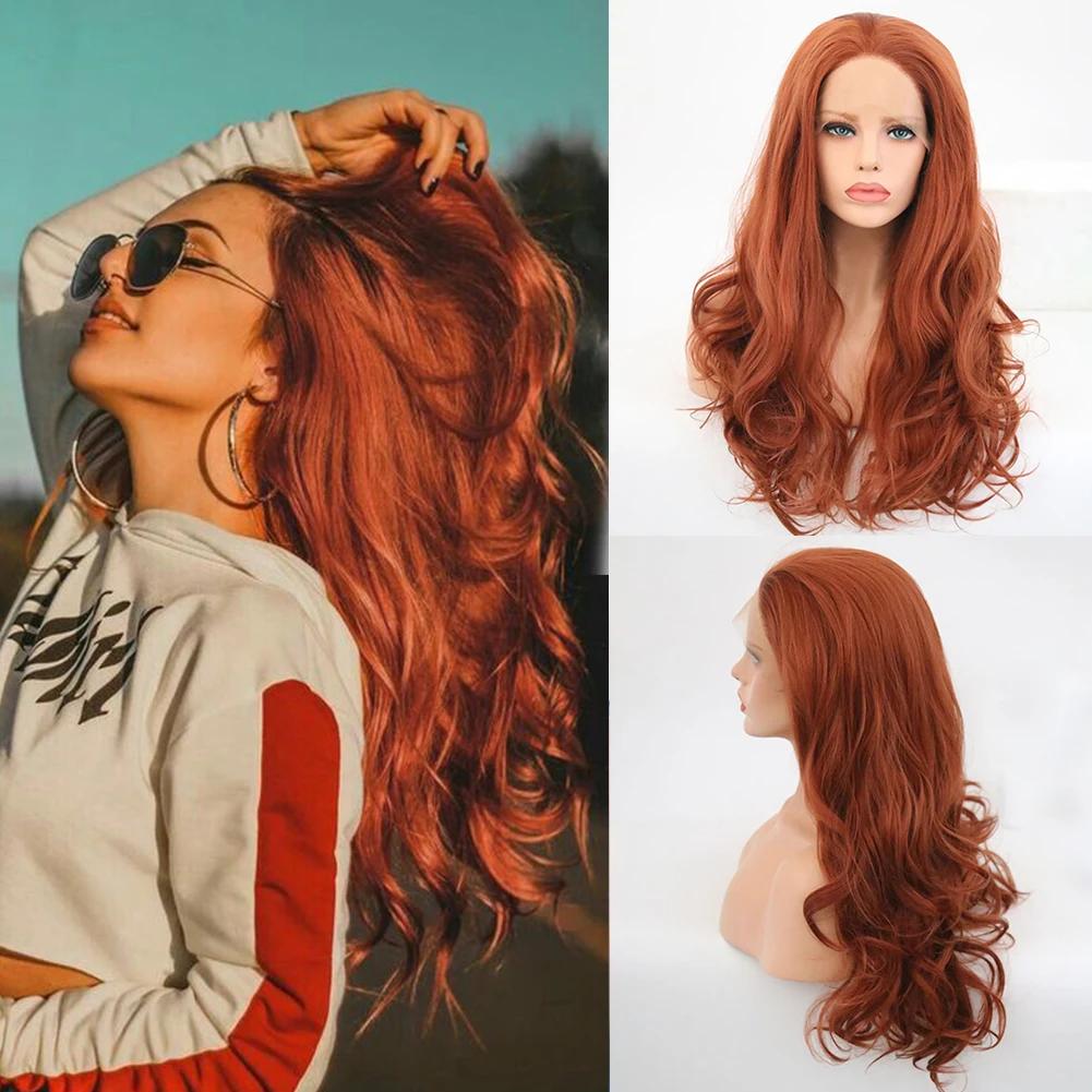 

FANXITION Body Wave Lace Front Wig Long Red Copper Synthetic Lace Wigs for Women Natural Hairline Wavy Synthetic Cosplay Wigs