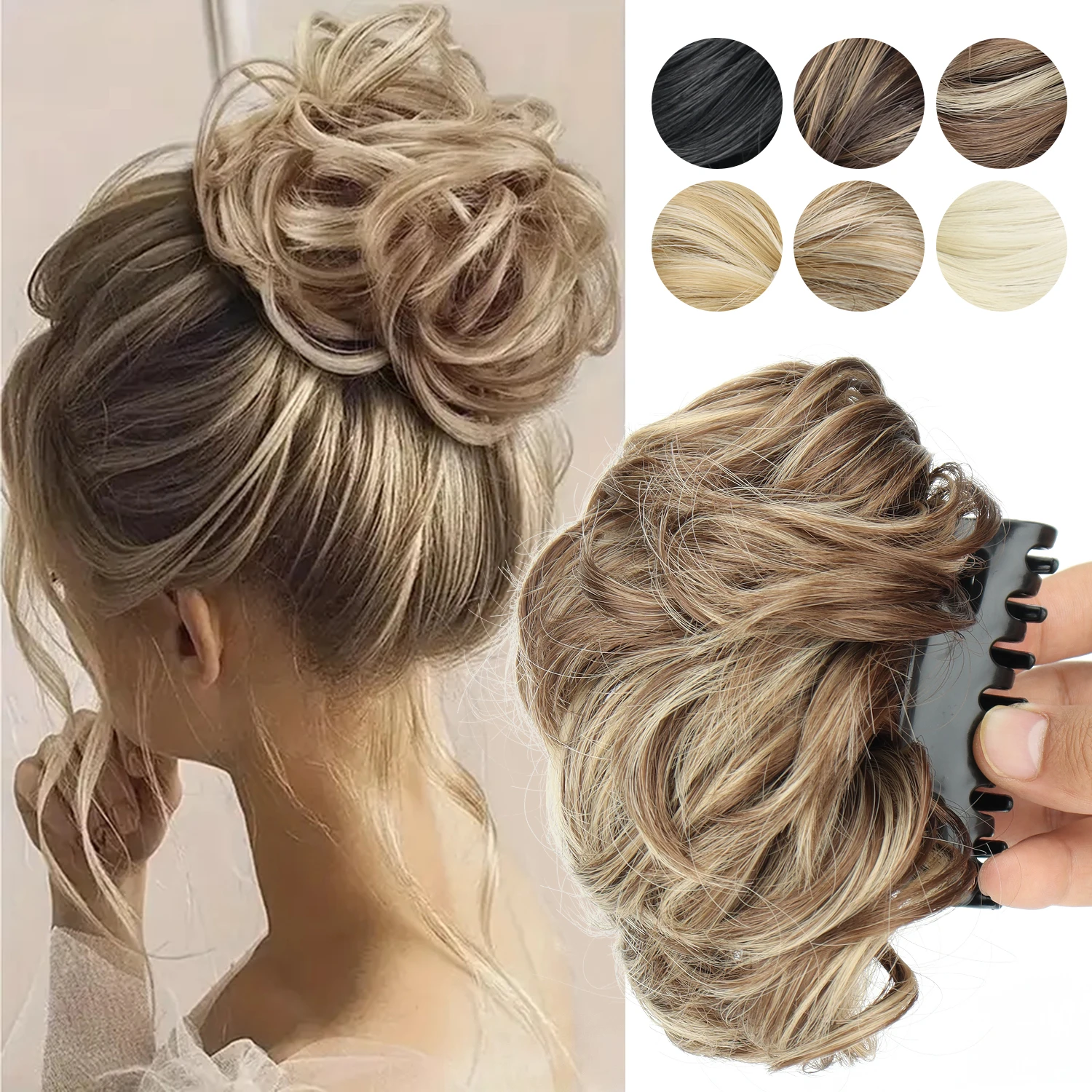 Postizo de moño sintético despeinado con pinza, extensiones de moño rizado, postizo de chignon marrón rubio para mujer, para peinados fáciles.