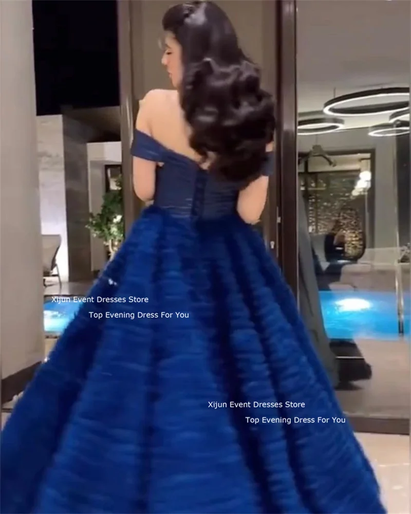 Xijun Navy Blue Tulle Evening Dresses Saudi Arabric Off The Shoulder Prom Dresses Gogerous Ruffles Tiered Prom Gowns Party Gown