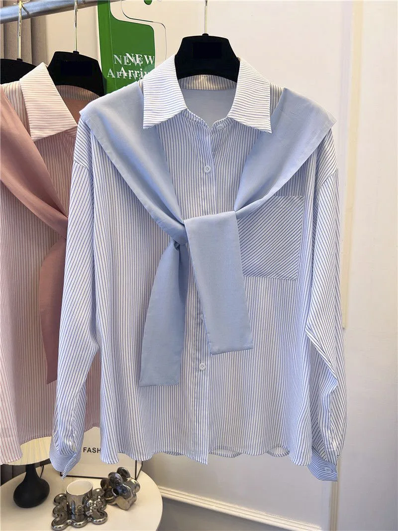 Striped Casual Tops Commute Solid Color Cute  Basic Long Sleeve Women 2023 Summer New Shirt Chic Ladies Blouse