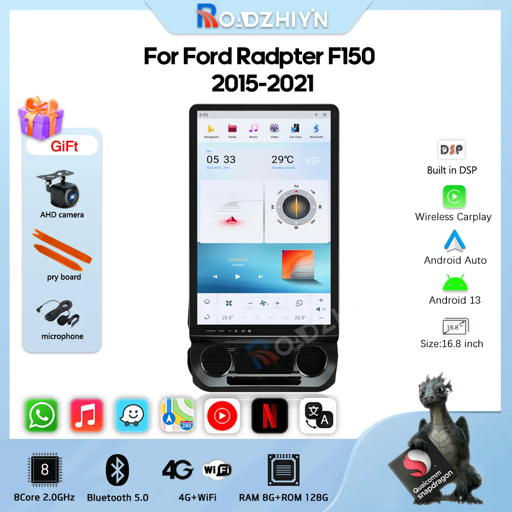 

16.8″Car Multimedia Video Player Android13 For Ford Radpter F150 2015 2016-2021 GPS Navigation 128G Carplay auto 4G WiFi Car CD