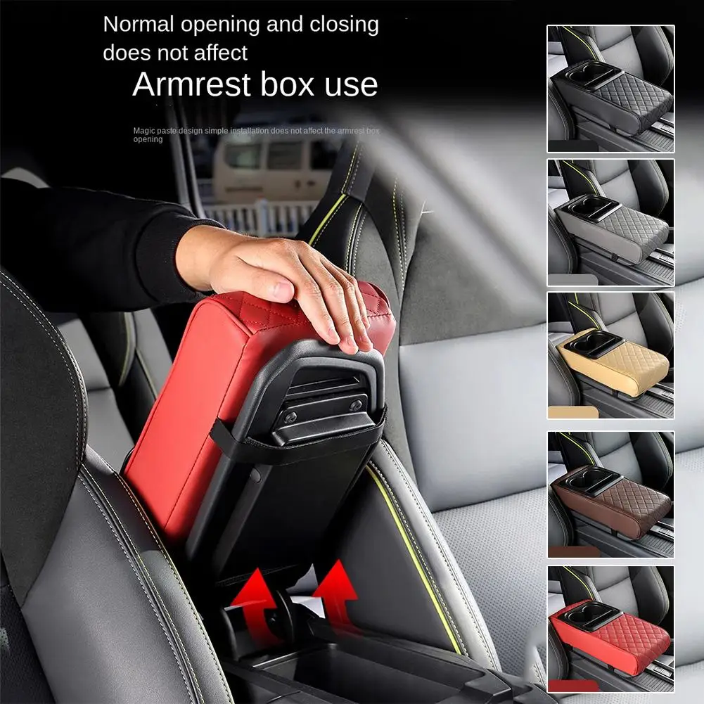 New Auto Center Console Armrest Cushion With 2 Cup Pad Holder Portable Leather Pillow Car PU Pad Amrest Height Cover Armres P4O4