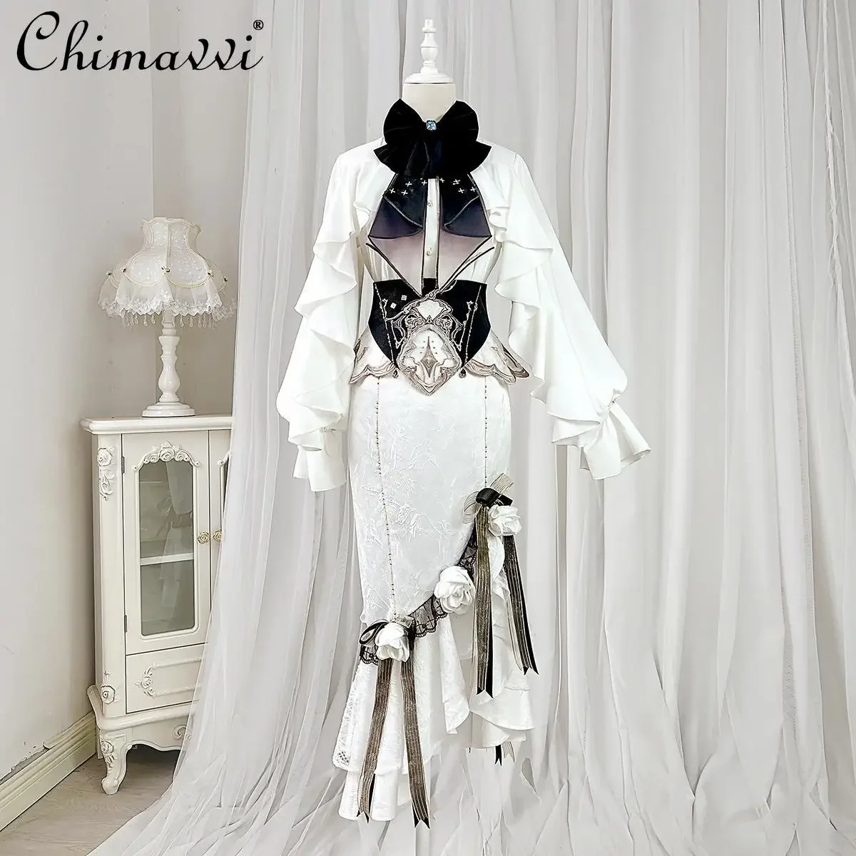 

[Ring Star Gate] White Gothic Style Dress, Palace Style Top, Fishtail Skirt, Waistband Set