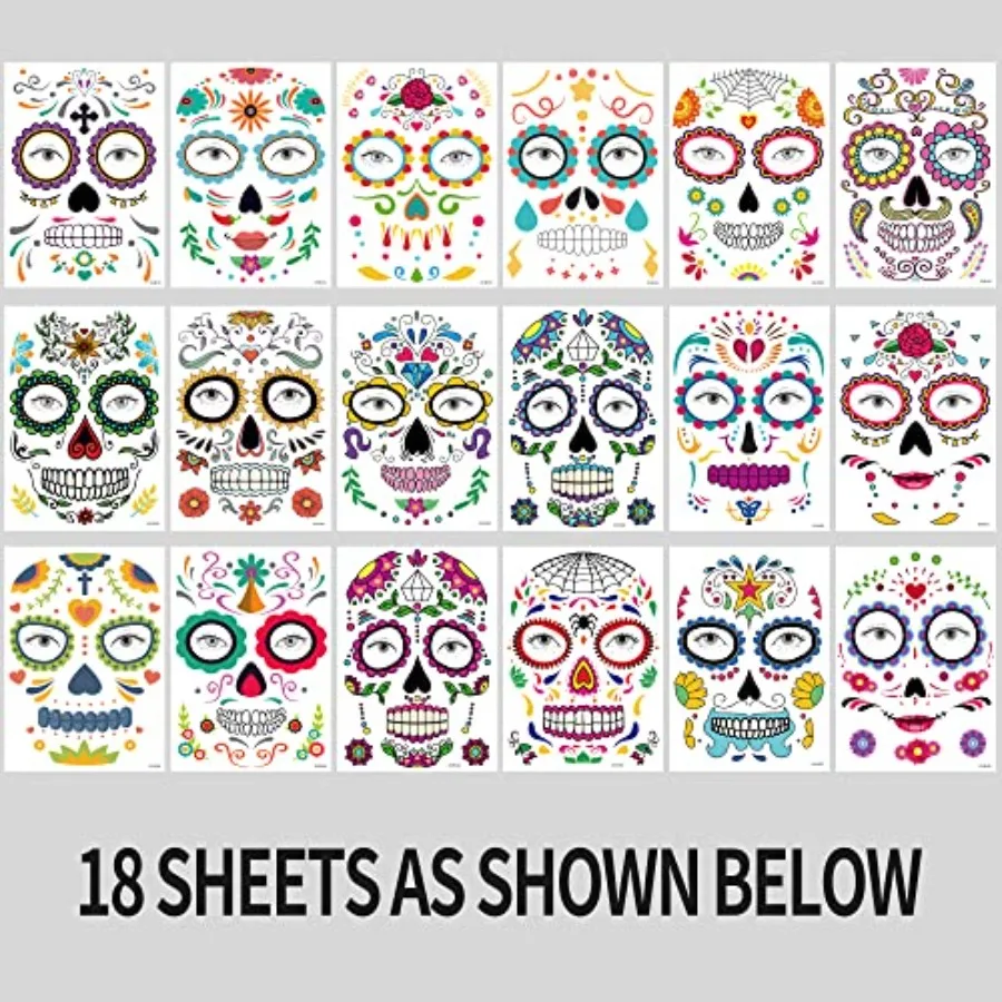 18 Pack Day of the Dead Face Tattoos Sugar Skull Catrina Makeup Kit Halloween Mask Temporary Tattoo Stickers, Skeleton Paint Di