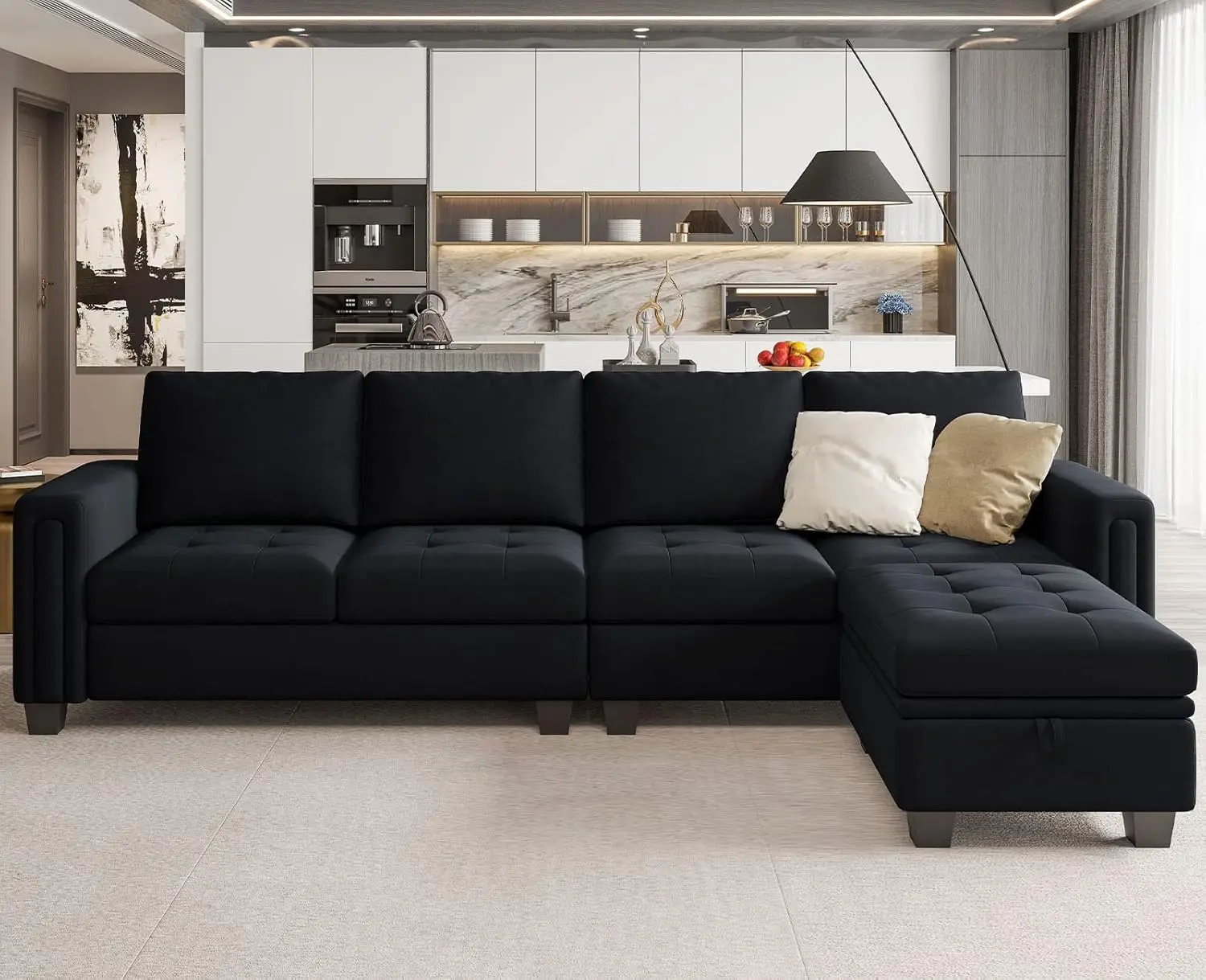 Velvet Reversible Sectional Sofa with Chaise Convertible L Shaped 4 seat Sectional Couch with Storage Ottoman Black