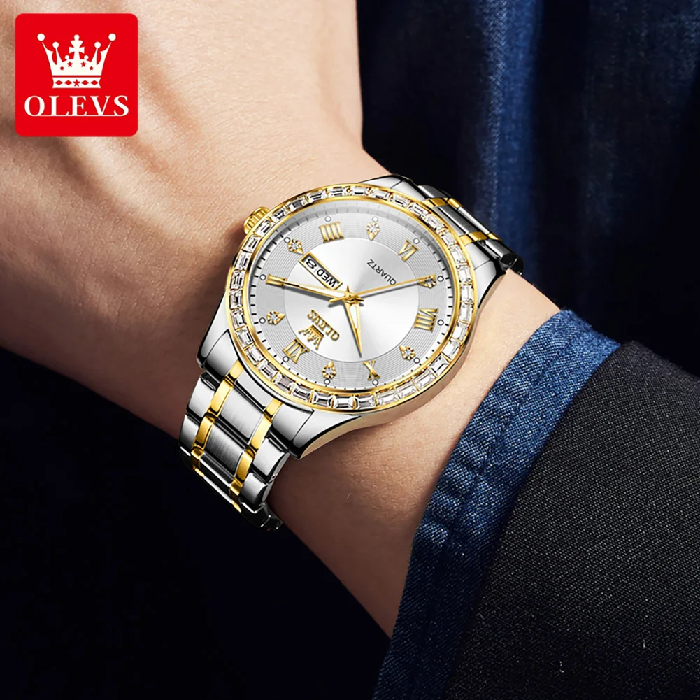 OLEVS 9906 Roman Scale Quartz Watch For Men Diamond Luxury Dual Calendar Man Wristwatch Waterproof Stainless Steel Watches 2024