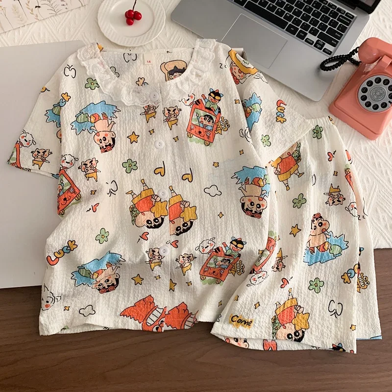 Summer Crayon Shin-Chan Children's Pajamas Set Cartoon Thin Peter Pan Collar Short Sleeve Shorts Girls Boy Anime Kawaii Homewear