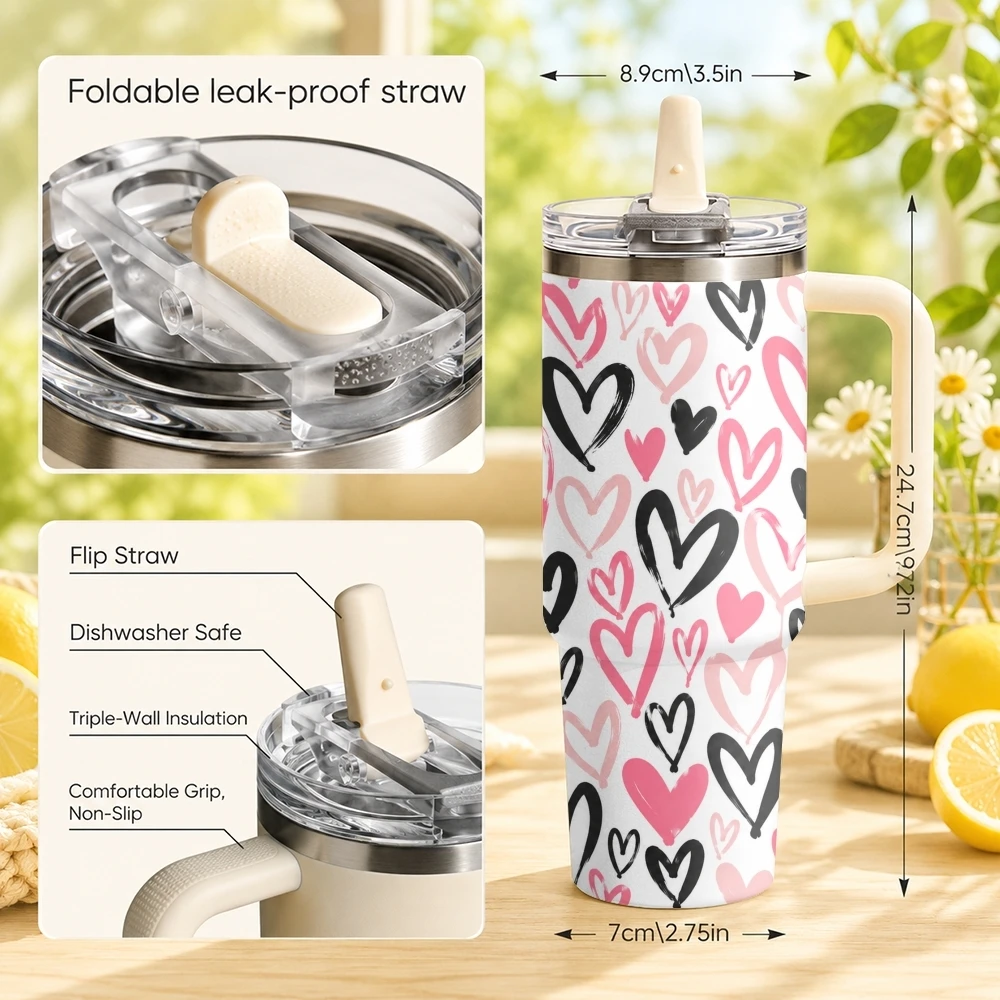 Hand Draw Love Vacuum Flasks 40oz Thermal Tumbler with Handle Stainless Steel Vacuum Insulated Leak Proof Travel Mug