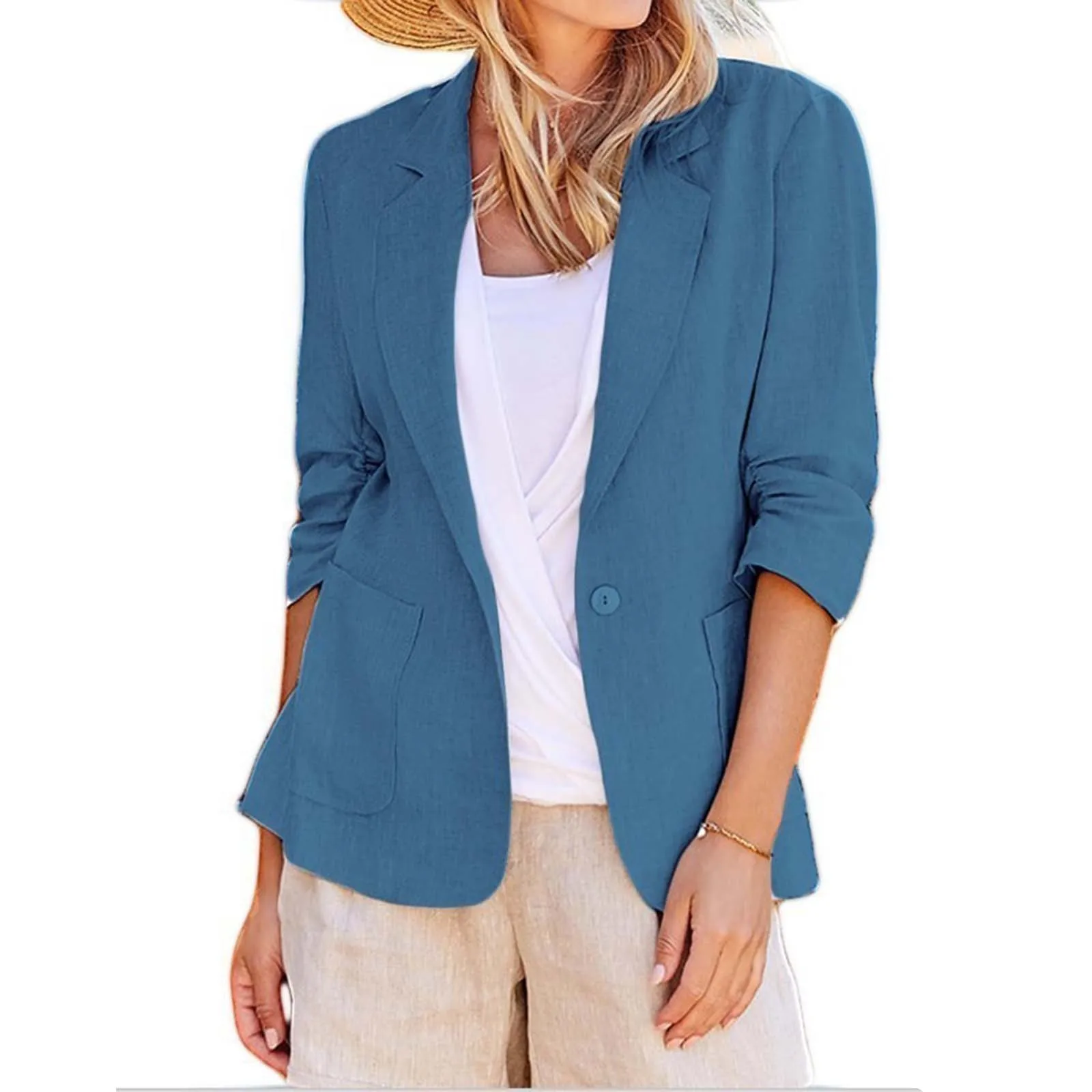 Coat For Women Business Casual Linen Jackets Plus Size Work One Button Suit Jackets Pocket 3/4 Stretchy Ruched Sleeve