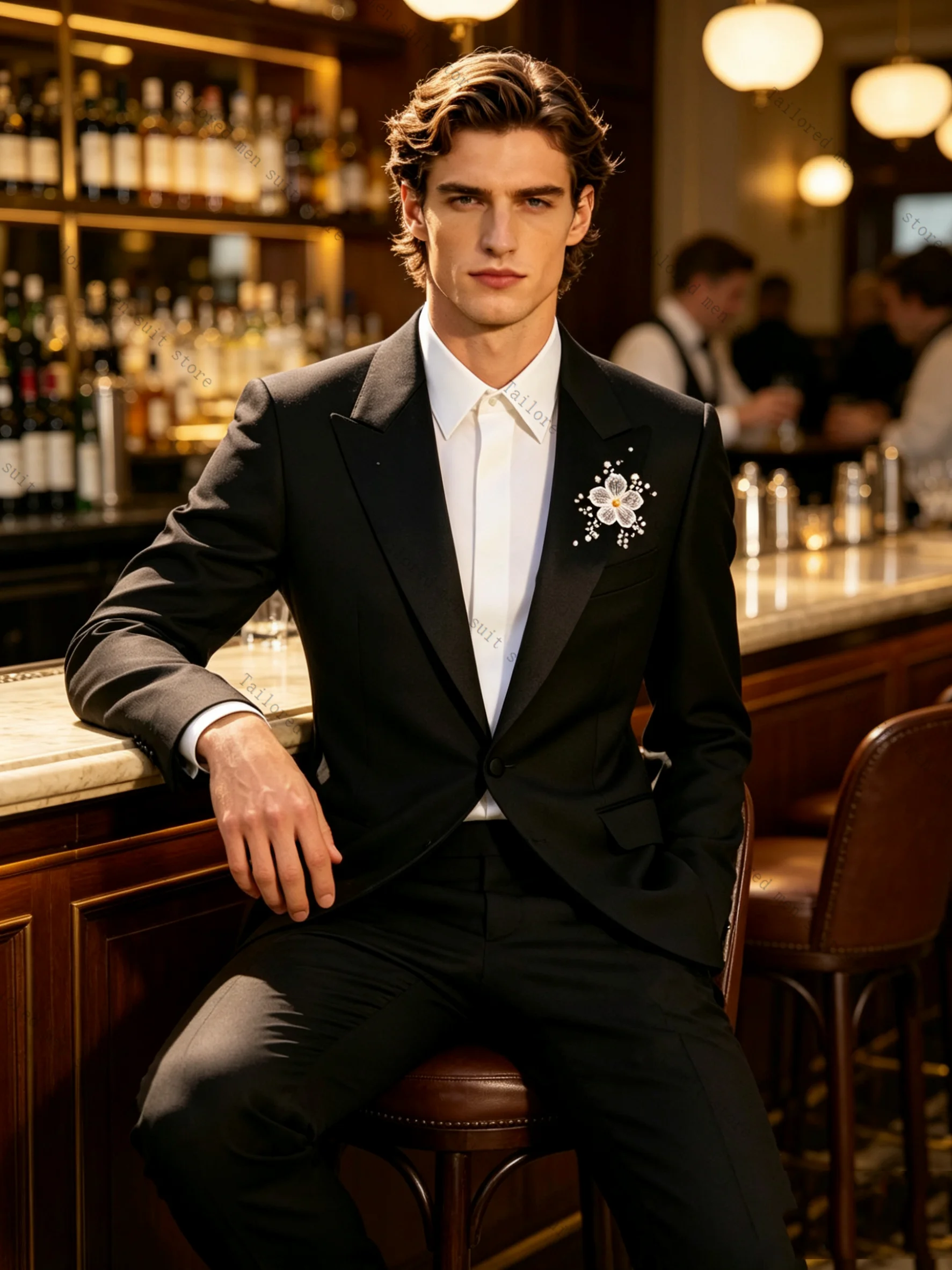 黒の春用メンズスーツパンツセット 2ピース ブレザー+トラウ - Men Formal Wear Black And White のレビューと価格
