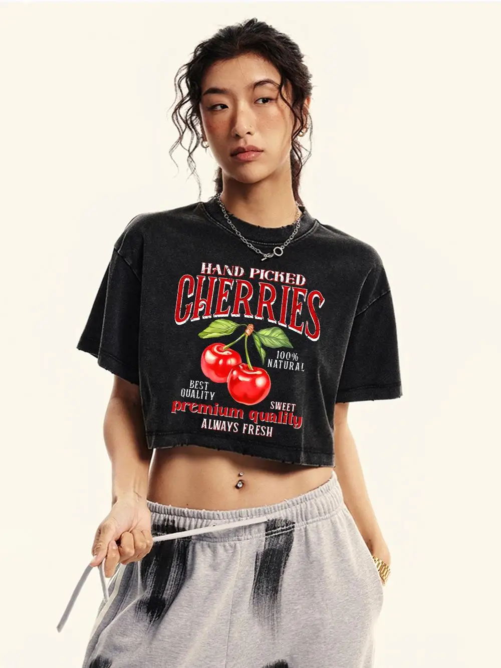 Frauen Baumwolle Ernte Gewaschen T-Shirts Hand Picked Kirschen Drucke Kurzarm Oversize Oansatz Distressed Tops Weibliche Straße Kleidung