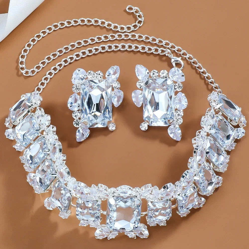Stonefans Bride Crystal Necklace Earrings Set Bridesmaid Wedding Jewellry Two Pieces Choker Necklace Prom Costume Jewelry Sets