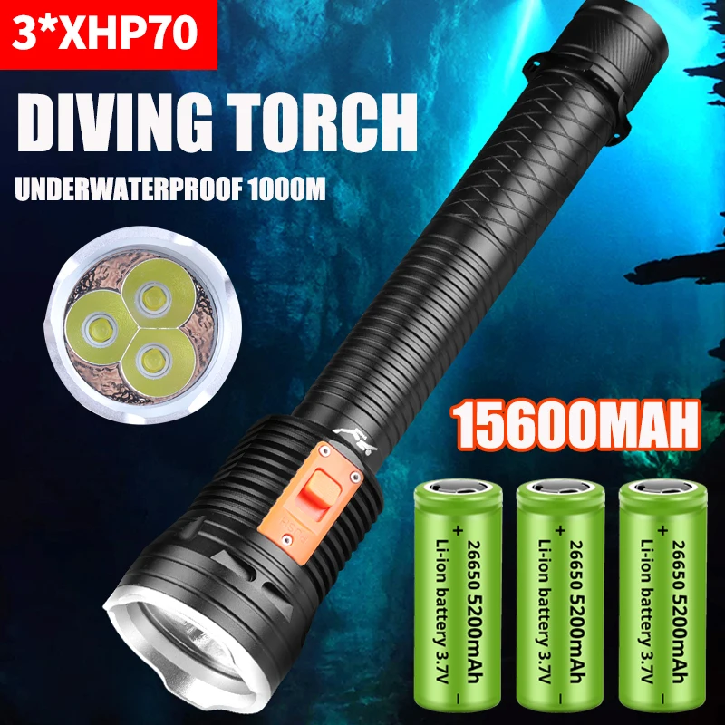 15600MaH IPX8 Waterproof Professional diving flashlight 3*XHP70 Lamp Beads Underwater 1000M Torch 10000LM Dive Light use 26650