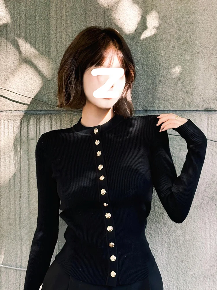 Elegant Black Knitted Open Cardigan Women's Slim Fit Inner Wear Metal Button Autumn Winter New Style Fashionable Korean Version
