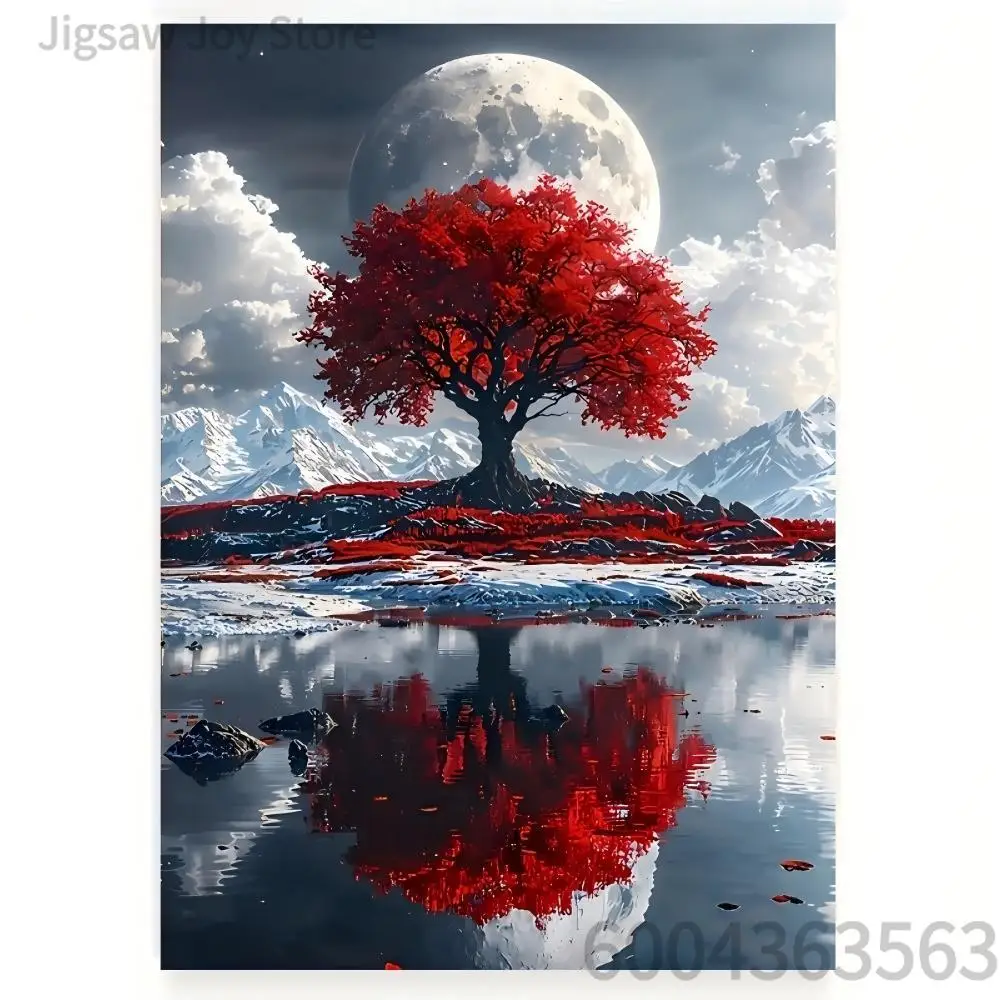 Fantasy Nature Jigsaw Puzzle - Red Moon Tree, Succulents & Abstract Flowers,500-2000pcs Paper Puzzle for Adults, Home Decor Gift