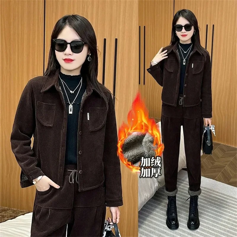 Autumn Winter Female Corduroy Sportswear Suit Lady Thickening Sport Suit Women Fashion Solid Color Large Size 4XL Tracksuit Sets