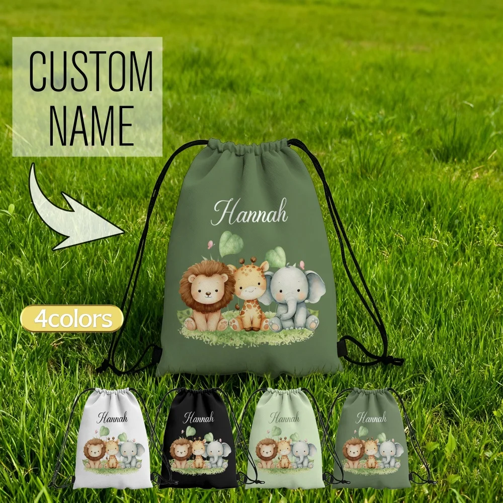 1Pc Custom Name/Text Cute Animal Theme Drawstring Backpack, Personalized Sports Bag Lightweight Travel Gym Sack Storage Bag