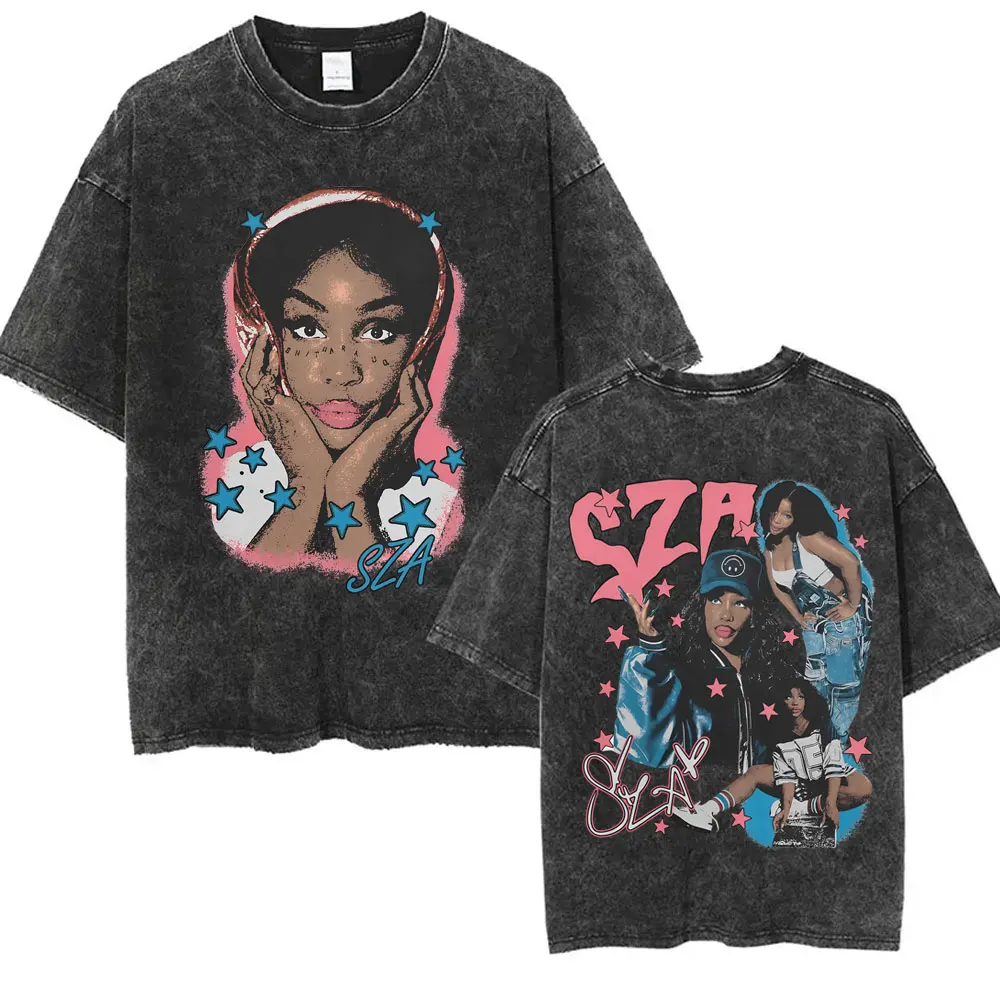 

Washed Vintage Rapper SZA Face Graphic T-shirt Men Women Hip Hop Fashion Pop Music Tshirt Unisex Oversized T Shirts Streetwear