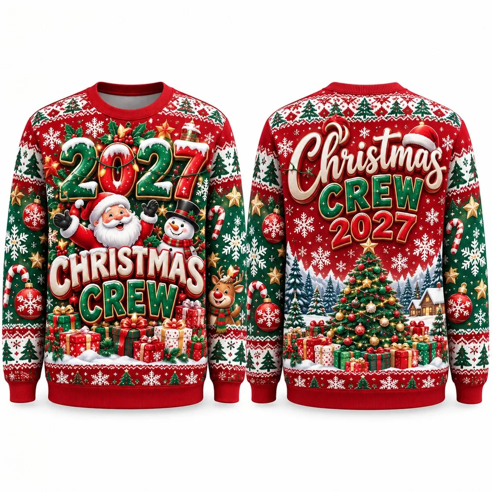 New2027 Christmas Crew Ugly Christmas Sweater 3D Printed Polyester Crewneck Pullover Long Sleeve Men Women Holiday Sweaters