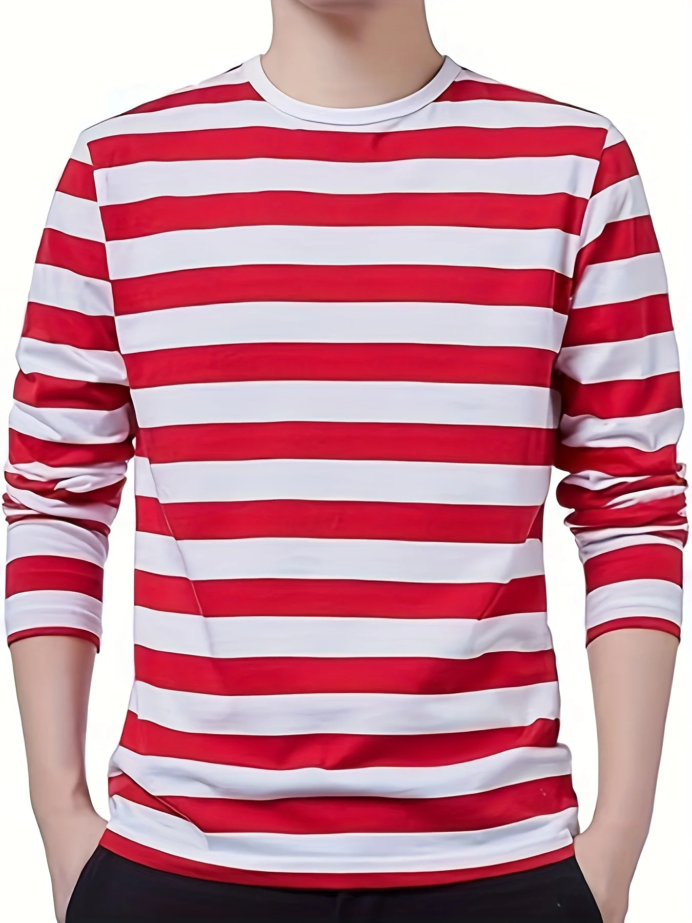 Autumn New Product Men's Red and White Stripe Printed Round Neck Long Sleeve Simple Basic Style Daily Casual Party Dressing Top