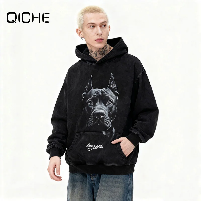 QICHE 2026 Moletom com Capuz Masculino PA Street, Estampa Doberman, Jaqueta Moletom Solta de Algodão 430G Lavado