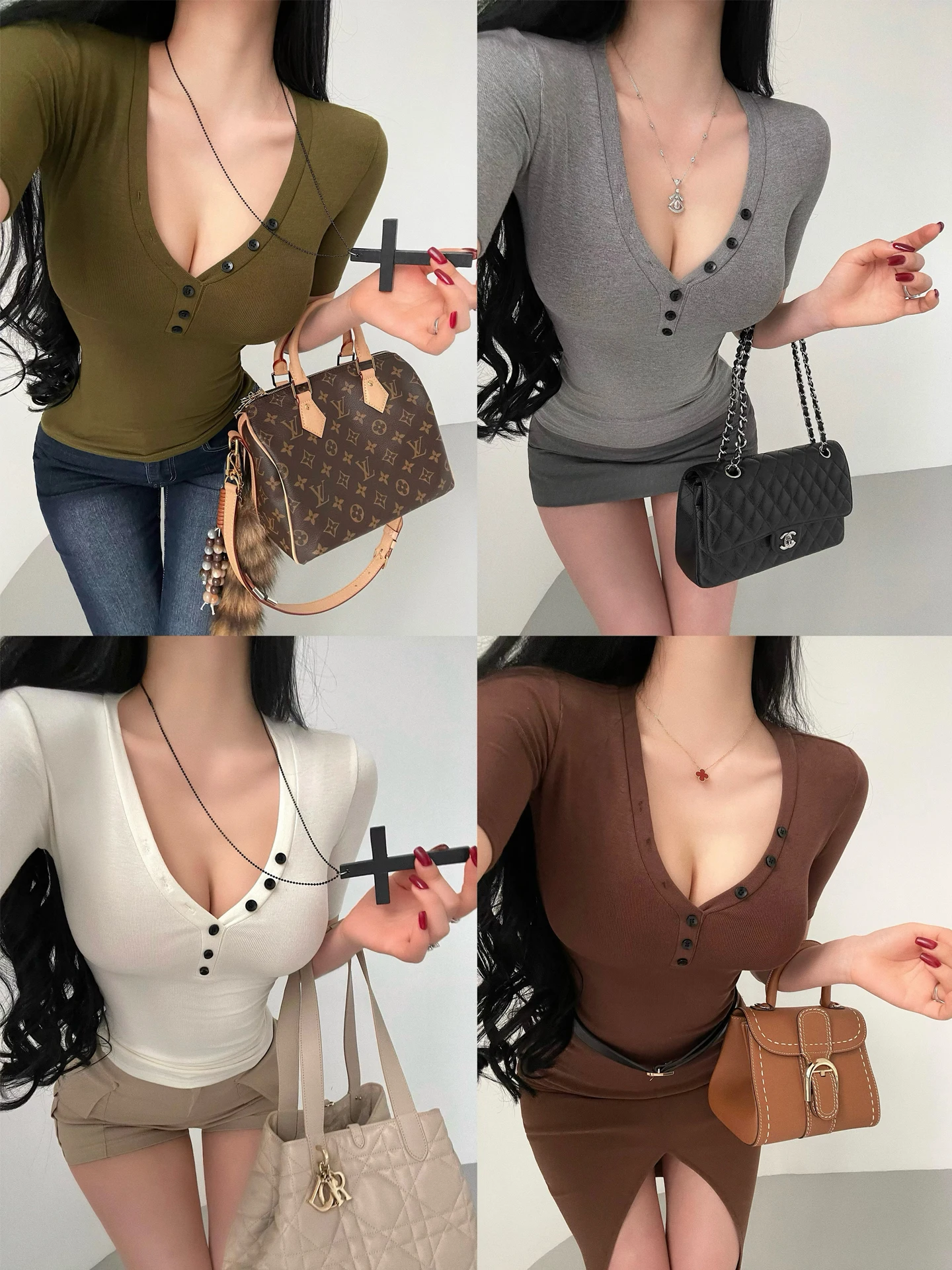 Sexy Short Sleeve V-Neck T-Shirt for Young Girls Slim Fit Elastic Single Button Casual Wear Daily Life Chinese Production