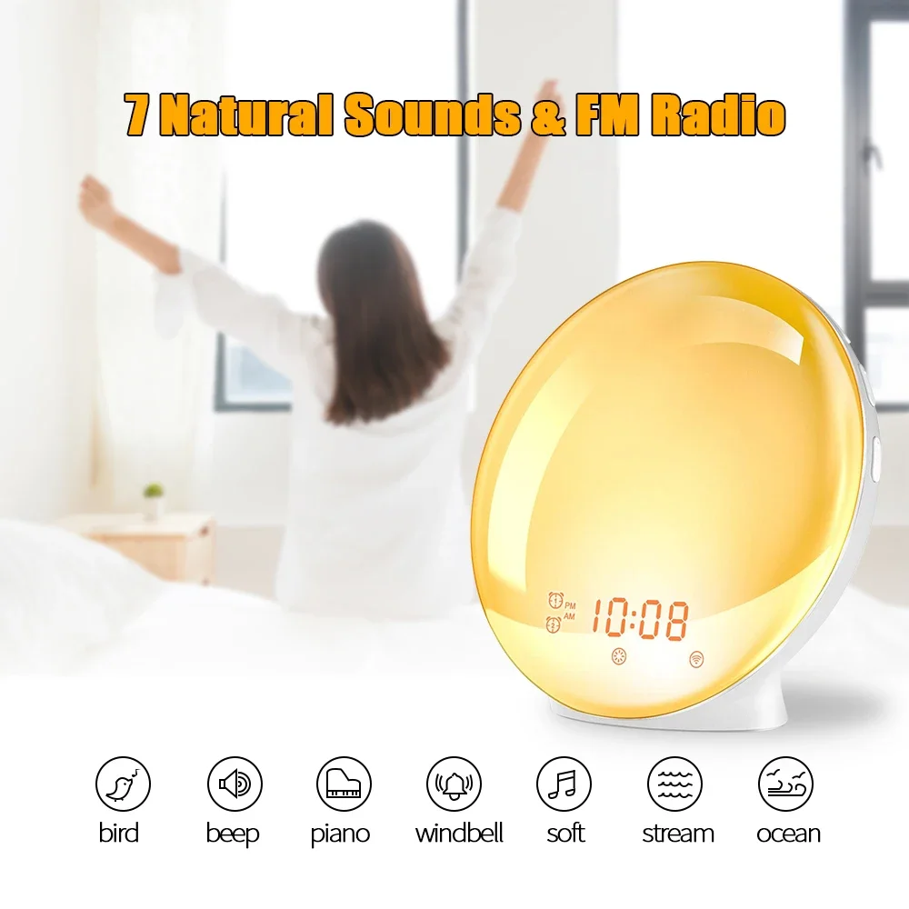 Alarm Clock, Wake Up Light Digital Snooze Alarm Clock Night Lamp Clock Sunrise Colorful Light With FM Radios