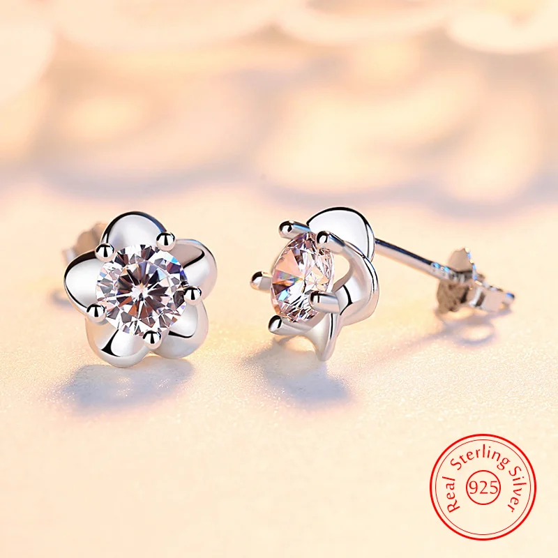 Solid 925 Sterling Silver Woman's High-quality Fashion Jewelry New Crystal Zircon Flower Stud Earrings XY0204