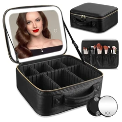 Travel Makeup Bag with Mirror of LED Lighted Portable Train Case with Adjustable Dividers and Detachable 10x Magnifying Mirror