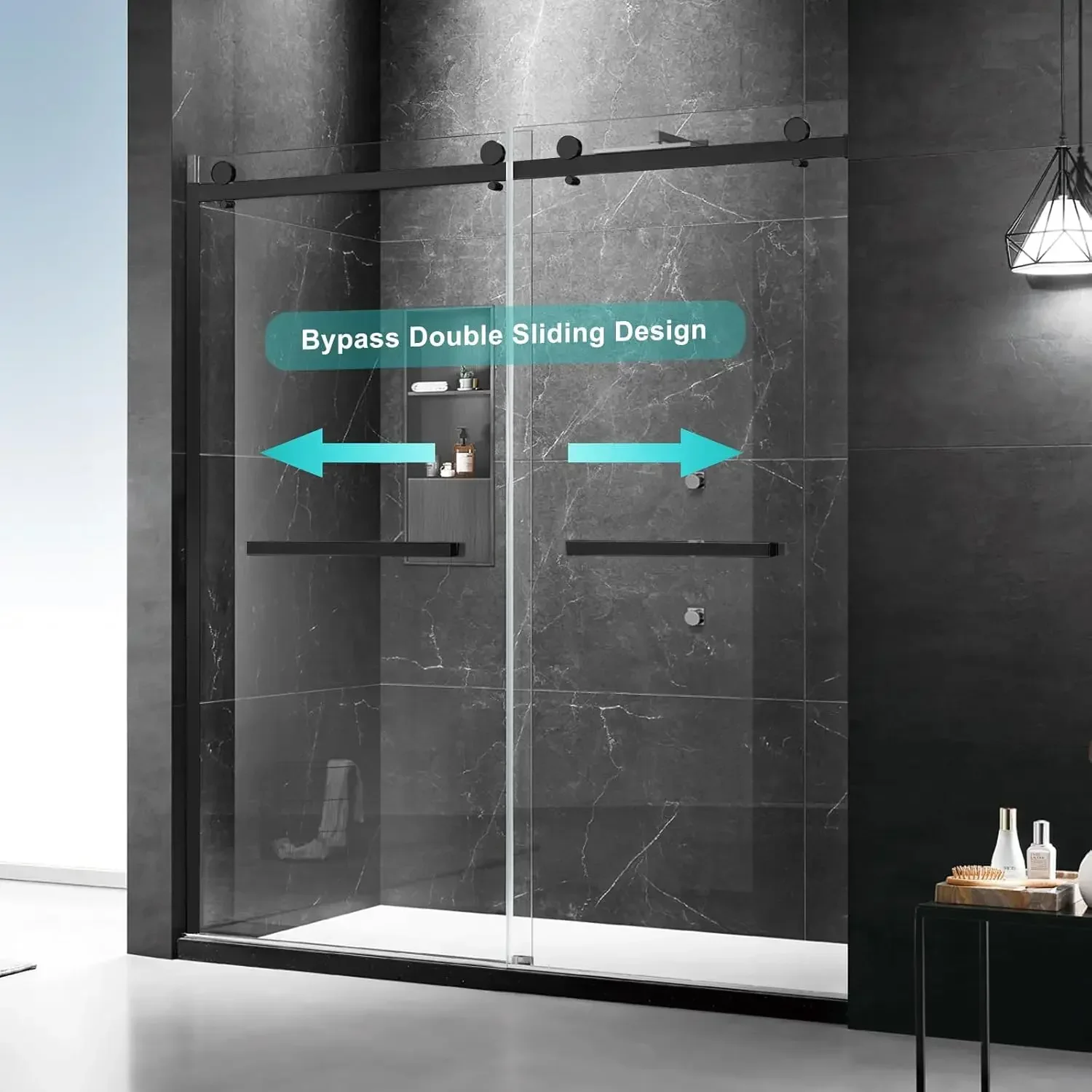 Double Sliding Shower Door, Clear Tempered Glass, 18 inch Pull Handle, Stainless Steel Hardware, Matte Black Finished