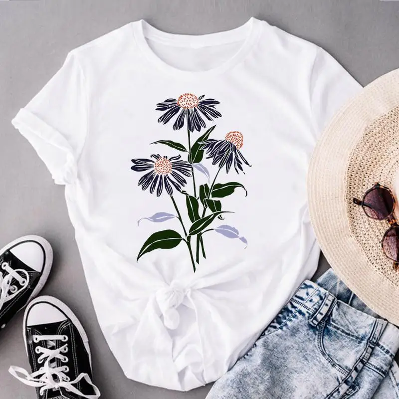 T-shirt manches courtes femme, estival et régulier, à la mode, avec image de fleurs imprimées des années 90