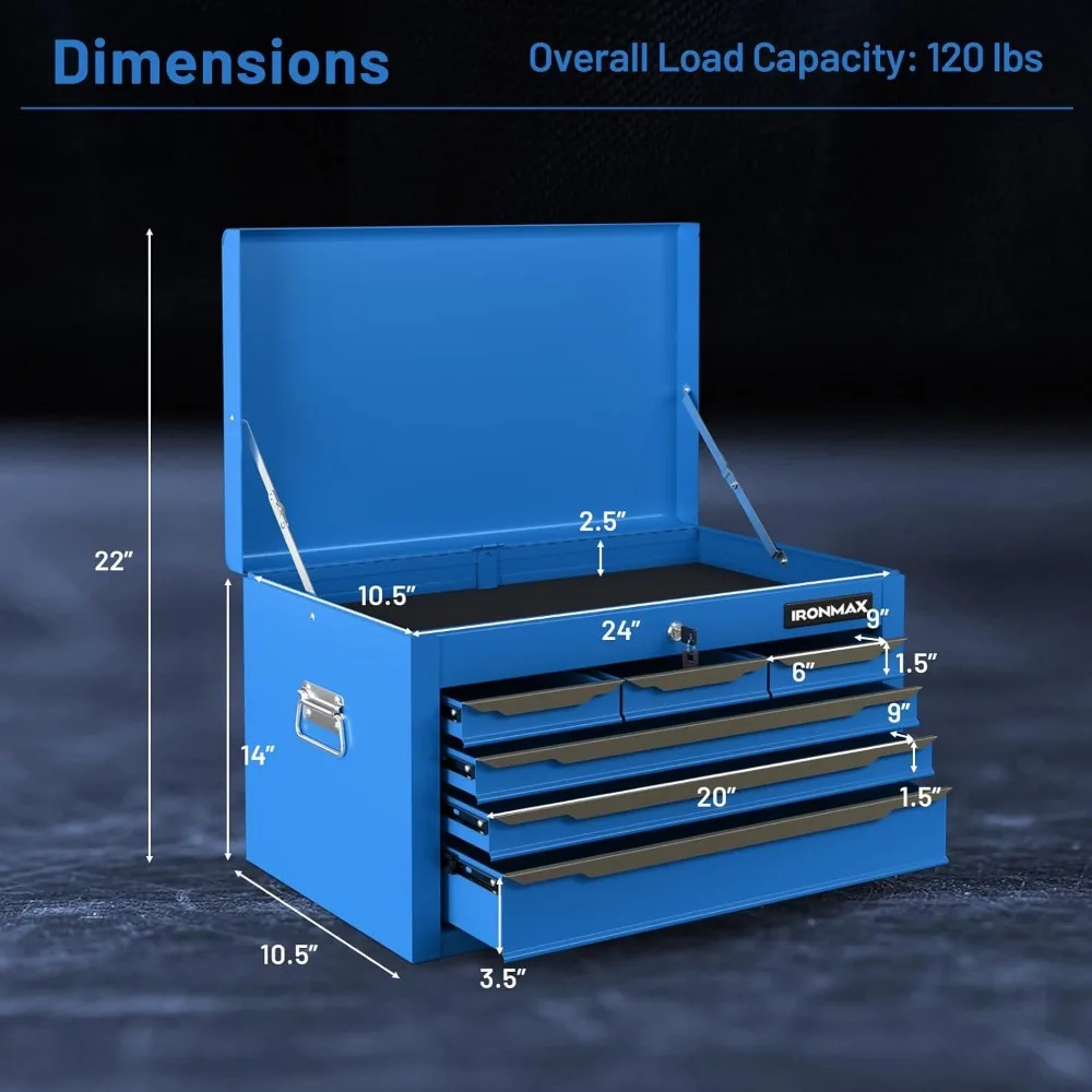 Tool Box, 24” Steel Tool Chest w/6 Drawers, Top Tool Tray,Automatic Lock, Protective Liners, Handle, Smooth Ball Bearing Sides
