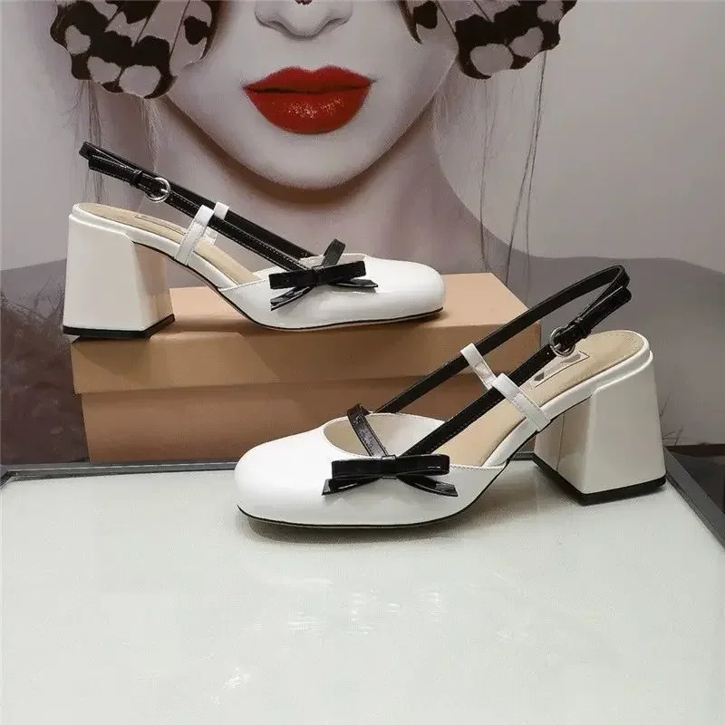 Womens Mary Jane Shoes Black Patent Leather Female Sandals Back Straps with Bowknot