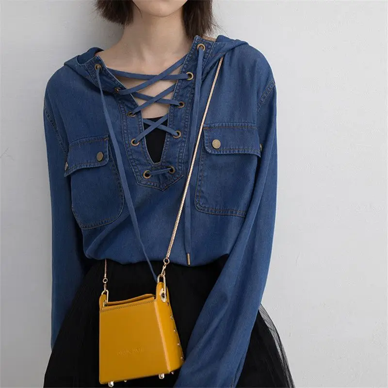 Spring Autumn New Women\'s Solid Color V-neck Button Spliced Drawstring Vintage Loose Versatile Long Sleeve Hooded Denim Shirt