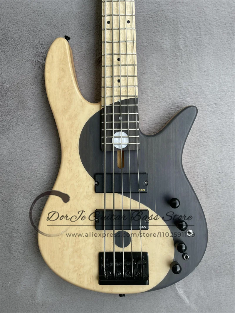 5 String Bass Guitar Yin-Yang Taiji Bass Rosewood Solid Wood Finch Eyes Maple Neck Fixed bridge Black Tuner Active Battery