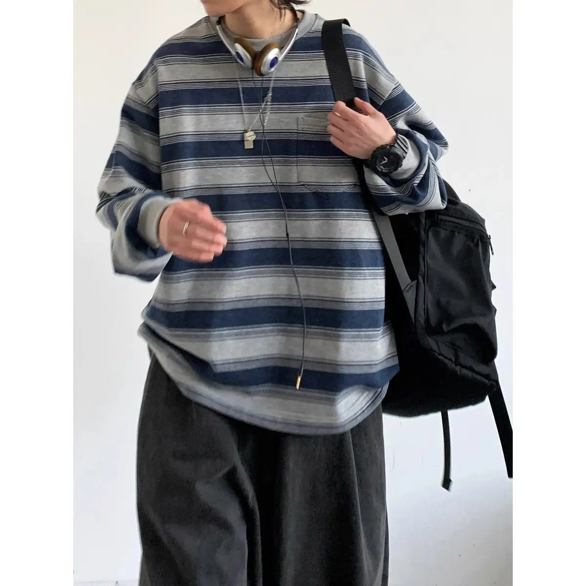 2026 Autumn New Japan Retro Striped Basic Round Neck Long Sleeved Sweatshirt Korean Fashion Harajuku Men's Casual Loose Pullover