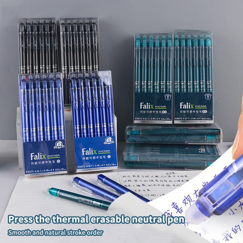 12Pcs 0.5mm Erasable Gel Pen Set Press Type Ballpoint School Office Supplies