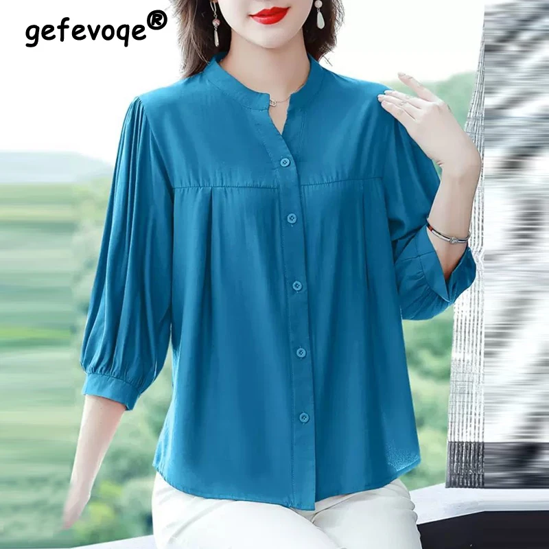 Simple Casual Loose Solid Three Quarter Sleeve Button Up Shirt 2023 Spring Summer Elegant Fashion V Neck Top Blouse Women Blusas