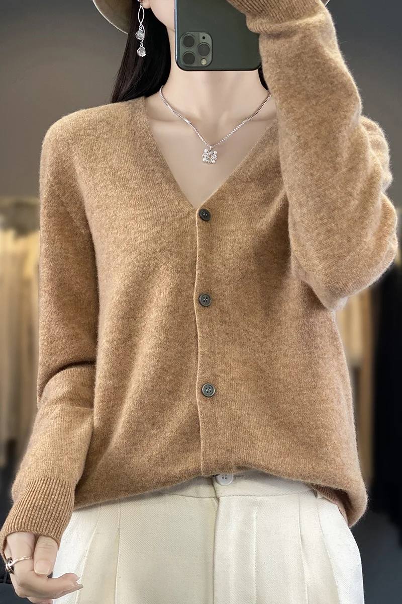 Tloml outono inverno feminino com decote em v lã cardigan básico sólido manga longa camisola de caxemira 100% lã merino malhas femininas topos