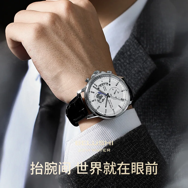 ساعة LOUIE JUELEN رائجة البيع للرجال ذات 3 عيون - ساعة يد كوارتز جديدة مضيئة ومقاومة للماء من الجلد الطبيعي #6