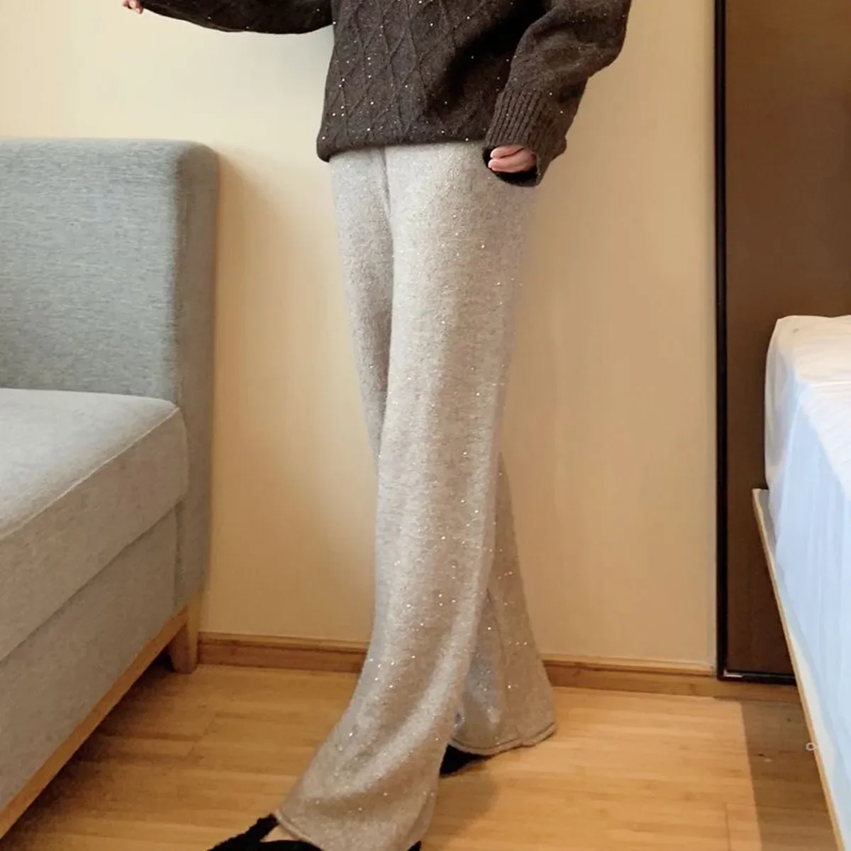 Autumn Winter Shiny Star Night Cashmere Knitted Pants Women's Outerwear Bright Sequin Drape Wide Leg Wool Floor-Length Pants