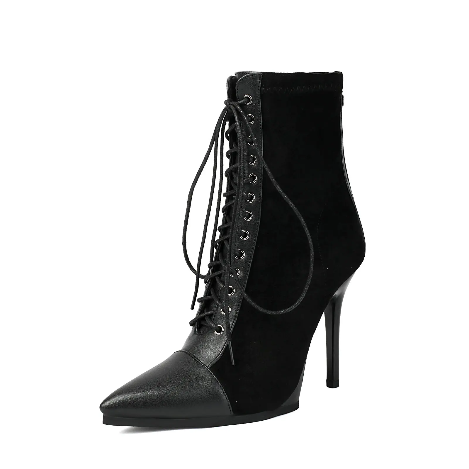 

Women Heels Boots Ankle Sexy Pointed Toe Back Zipper Leather Patchwork Flock Lace Up Spring Fall Dress Shoes