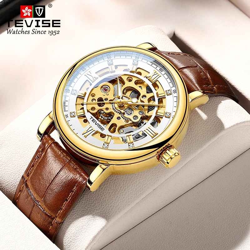 

T8462B TEVISE Zircon Fashion Men's Watch Night Glow Waterproof Business Leather Watch Hollow out Fully Automatic Mechanical Watc