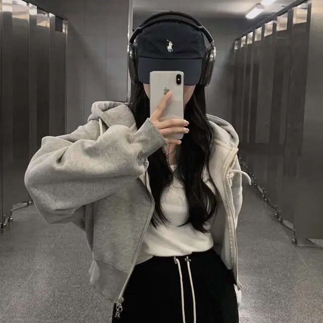 Sweatshirts Women Coats Short Coat Zipper Full Sleeve Hooded Y2k Streetwear Elegant Splice Open Stith Jackets Autumn Winter