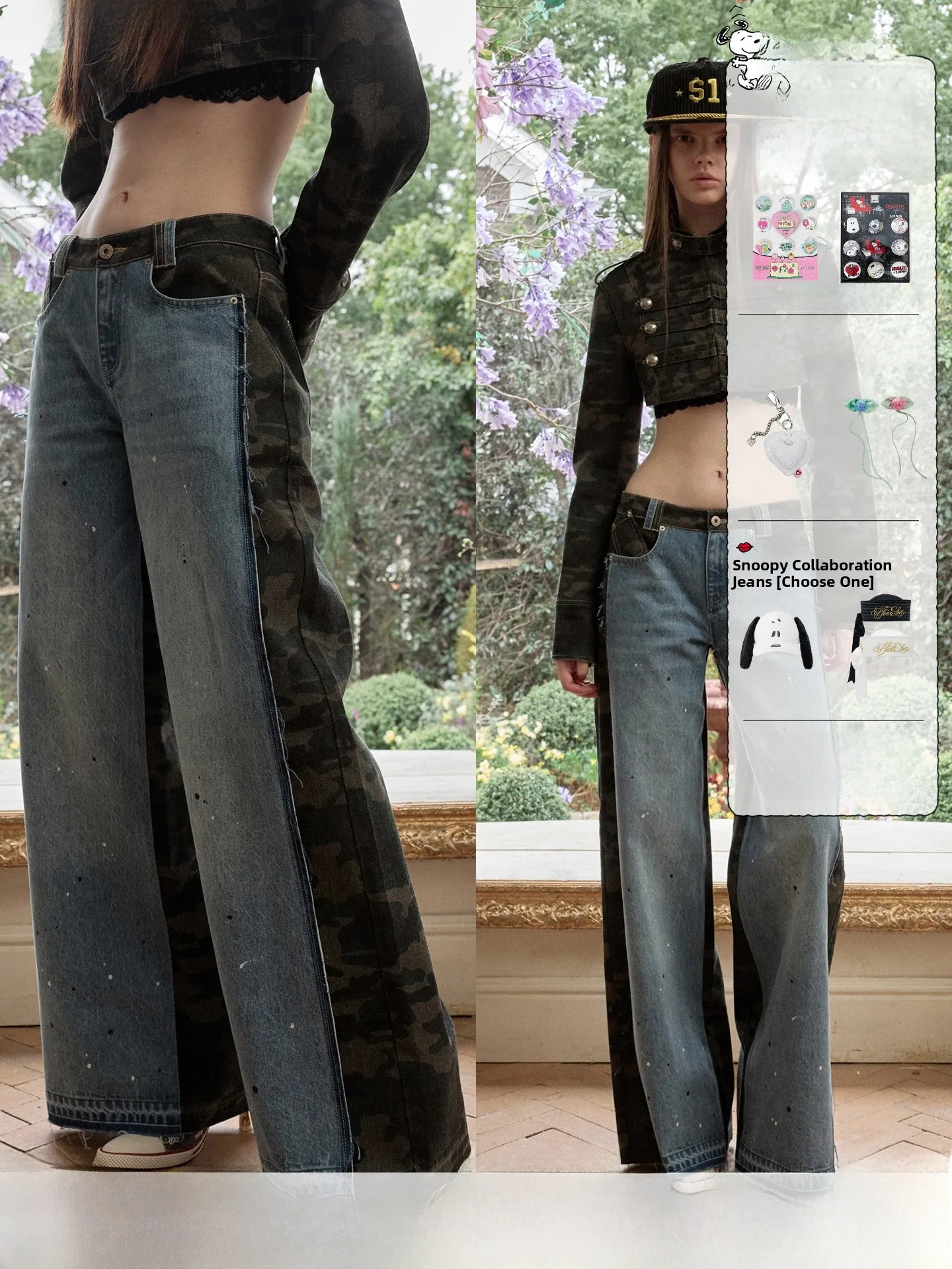 

Low Waist Camouflage Patchwork Straight Leg Jeans Women's Loose Wide Leg Pants Double Sided Print Casual Cotton Blend